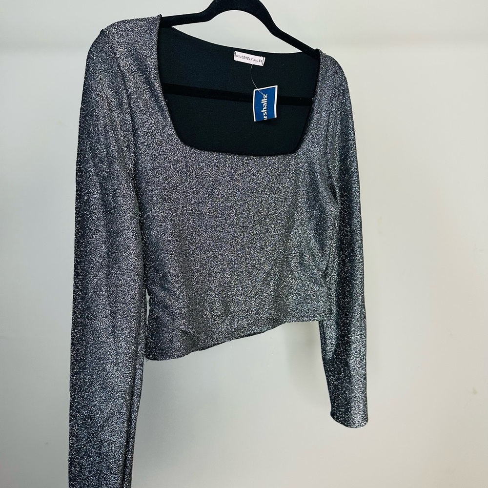 Sincerely Jules Silver Sequin Crop Blouse